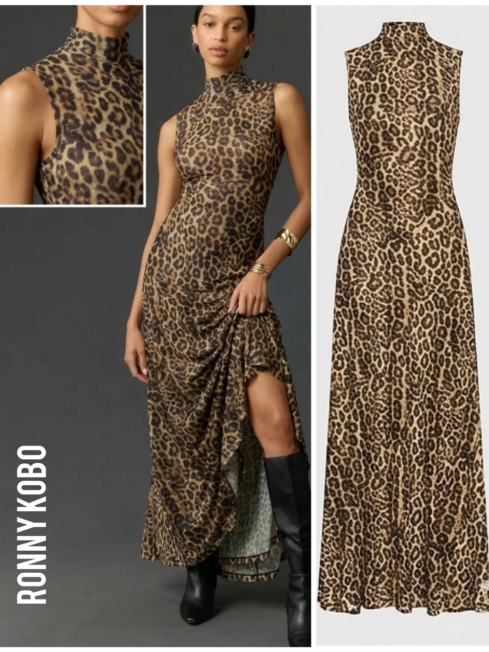 Ronny Kobo animal print Stretch mesh jersey maxi dress, Small NWOT